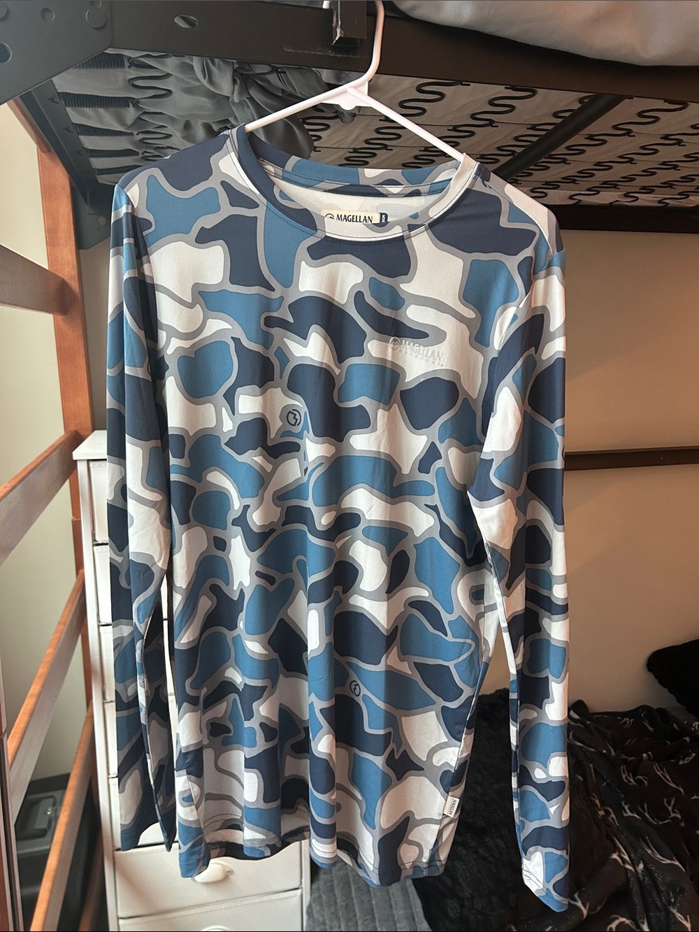 Magellan Outdoors Men’s Long-Sleeve Blue and Gray Camo Performance Tee